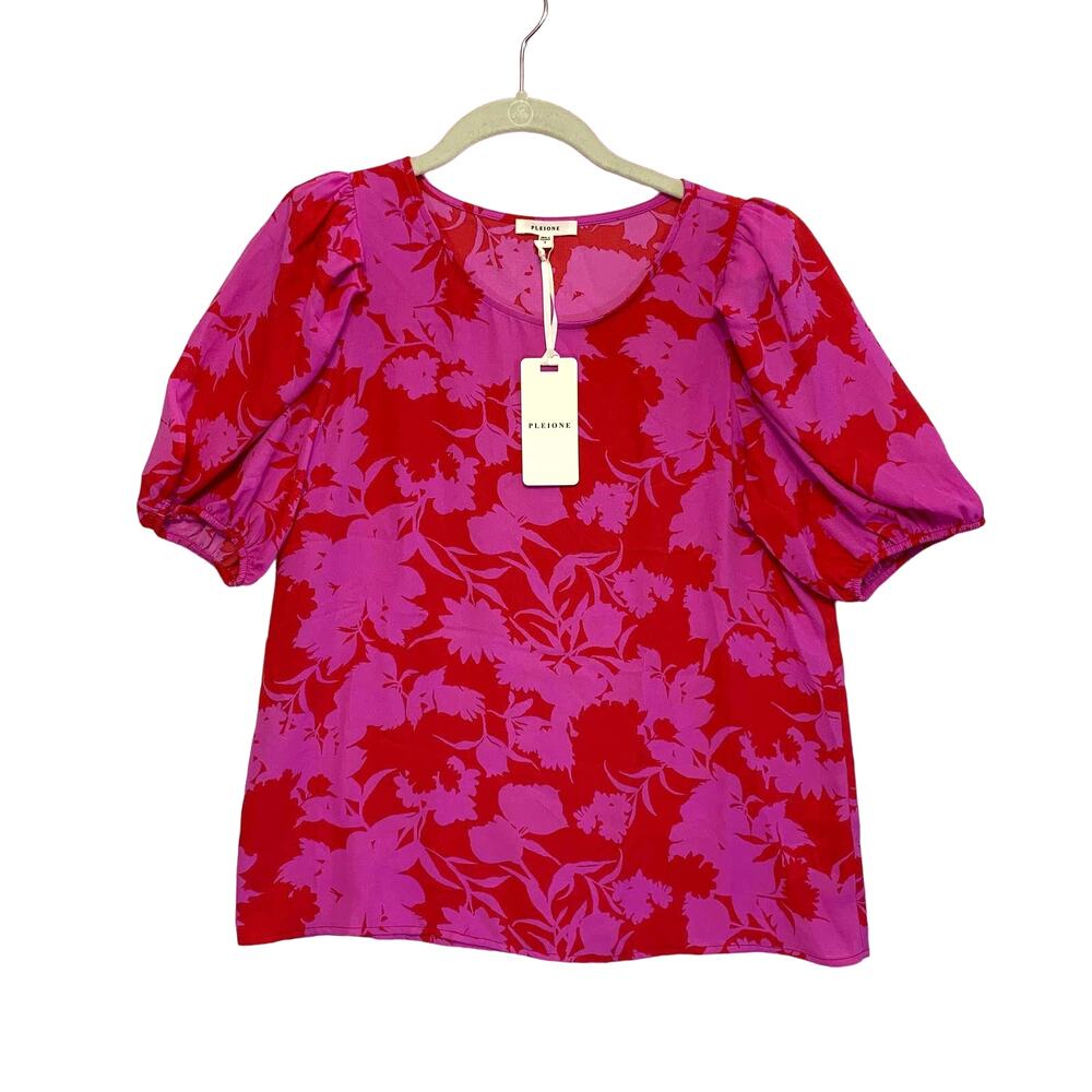 Pleione Floral Blouse Women's Size S Pink Red Puff Sleeve Top - worn once